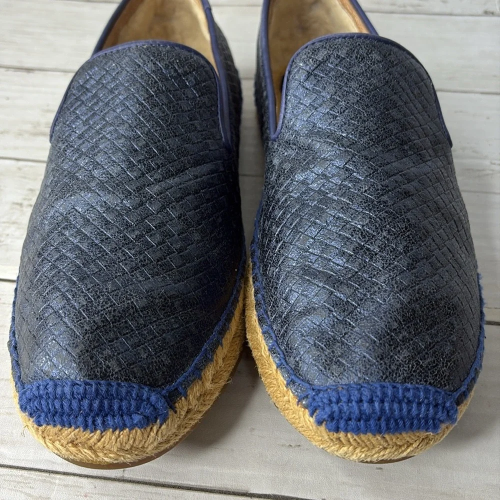 UGG SANDRINNE METALLIC LEATHER BASKET WEAVE BLUE ESPADRILLE